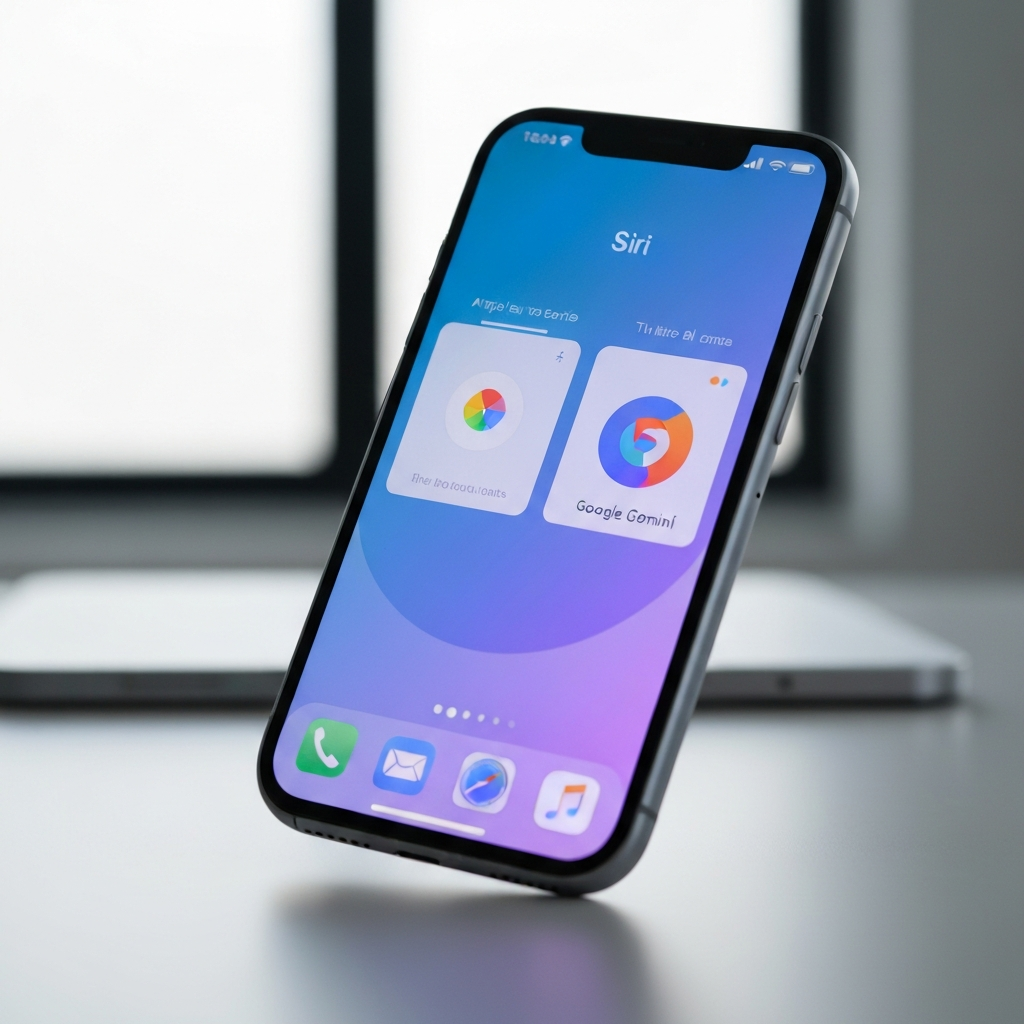 Logotipos de Apple y Google Gemini superpuestos sobre un fondo abstracto representando la integración de IA en Siri.