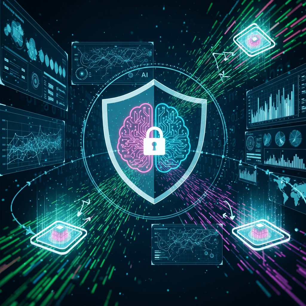 Digital illustration representing AI in cybersecurity, featuring a glowing shield protecting a network of digital nodes.