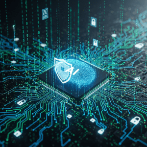 Abstract illustration of a digital shield protecting a network, representing AI in cybersecurity.