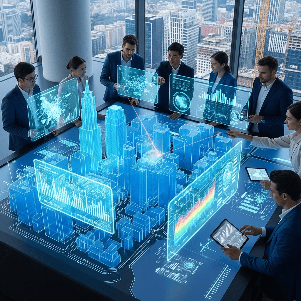 A digital rendering of a futuristic city skyline with AI data overlays, representing AI in construction planning.