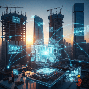 A digital illustration showing AI technology integrated into a 3D city model for construction planning.